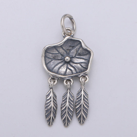 S925 sterling silver dream catcher feather charms, antique silver feather charm boho bohemian necklace earring component