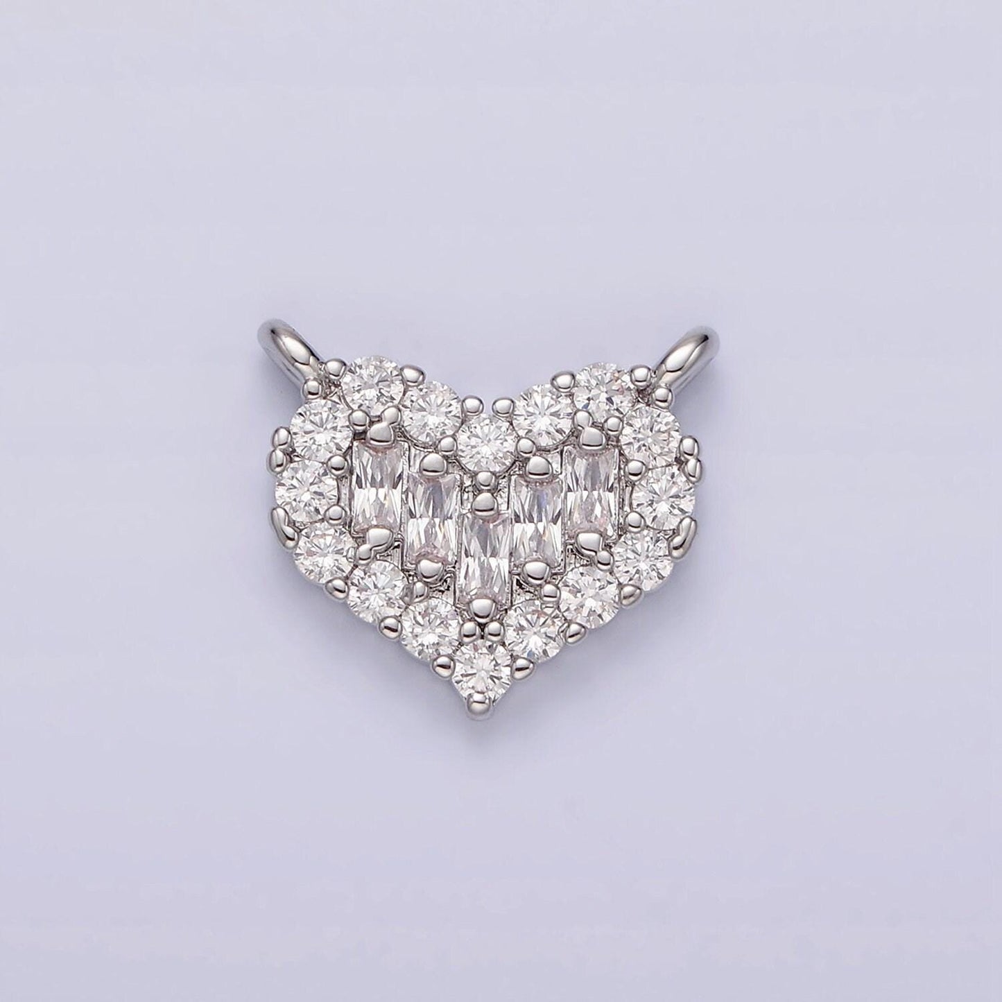 White gold filled clear multiple baguette micro paved cz 14mm heart connector | g787