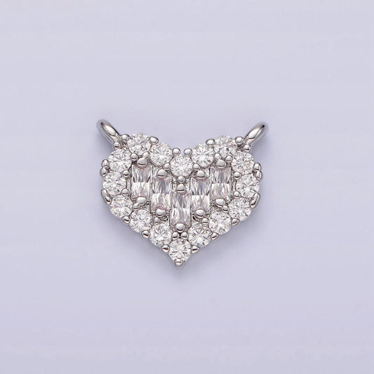 White gold filled clear multiple baguette micro paved cz 14mm heart connector | g787