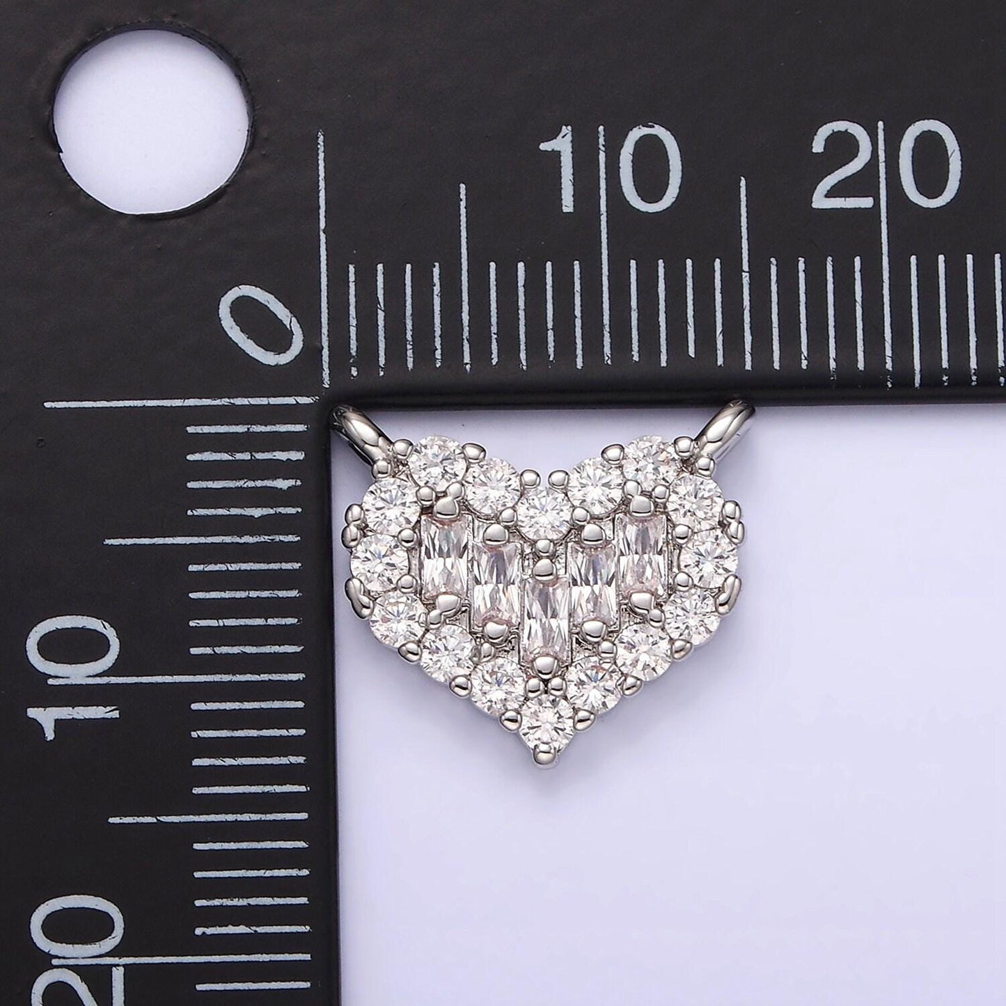 White gold filled clear multiple baguette micro paved cz 14mm heart connector | g787