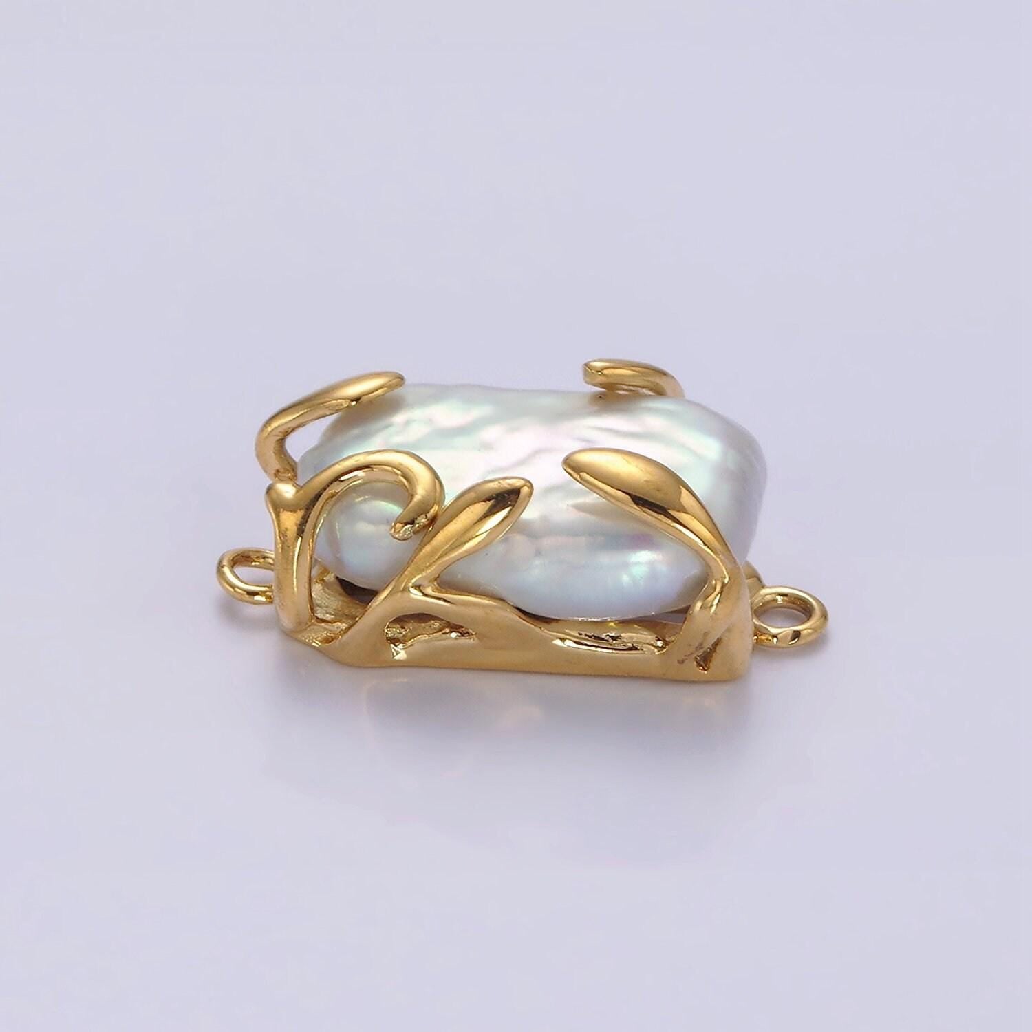 18k gold filled white baroque freshwater pearl molten drip connector in gold & silver | g726 g784