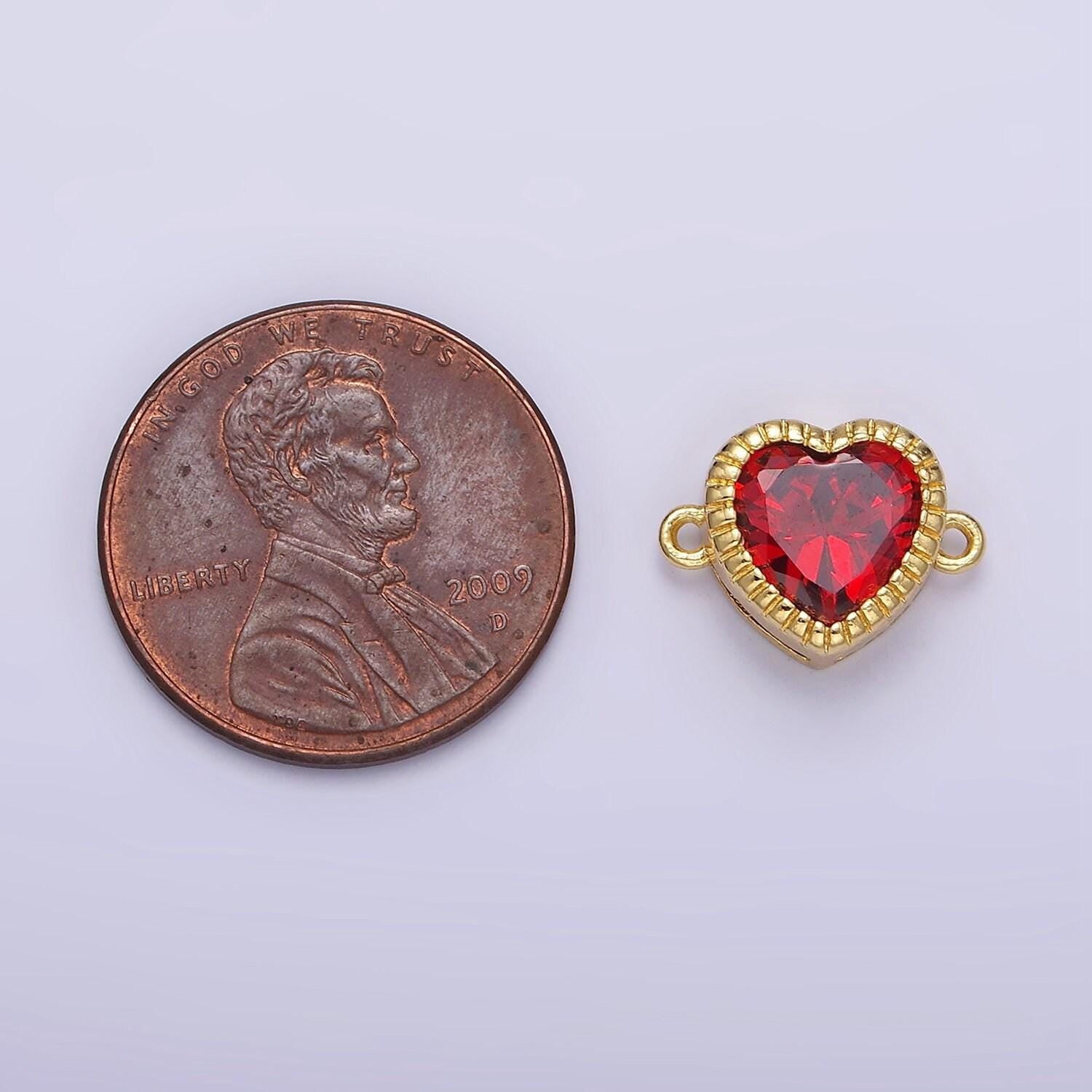 14k gold filled 9.5mm red, pink, clear cz heart line-textured connector | g717 - g719
