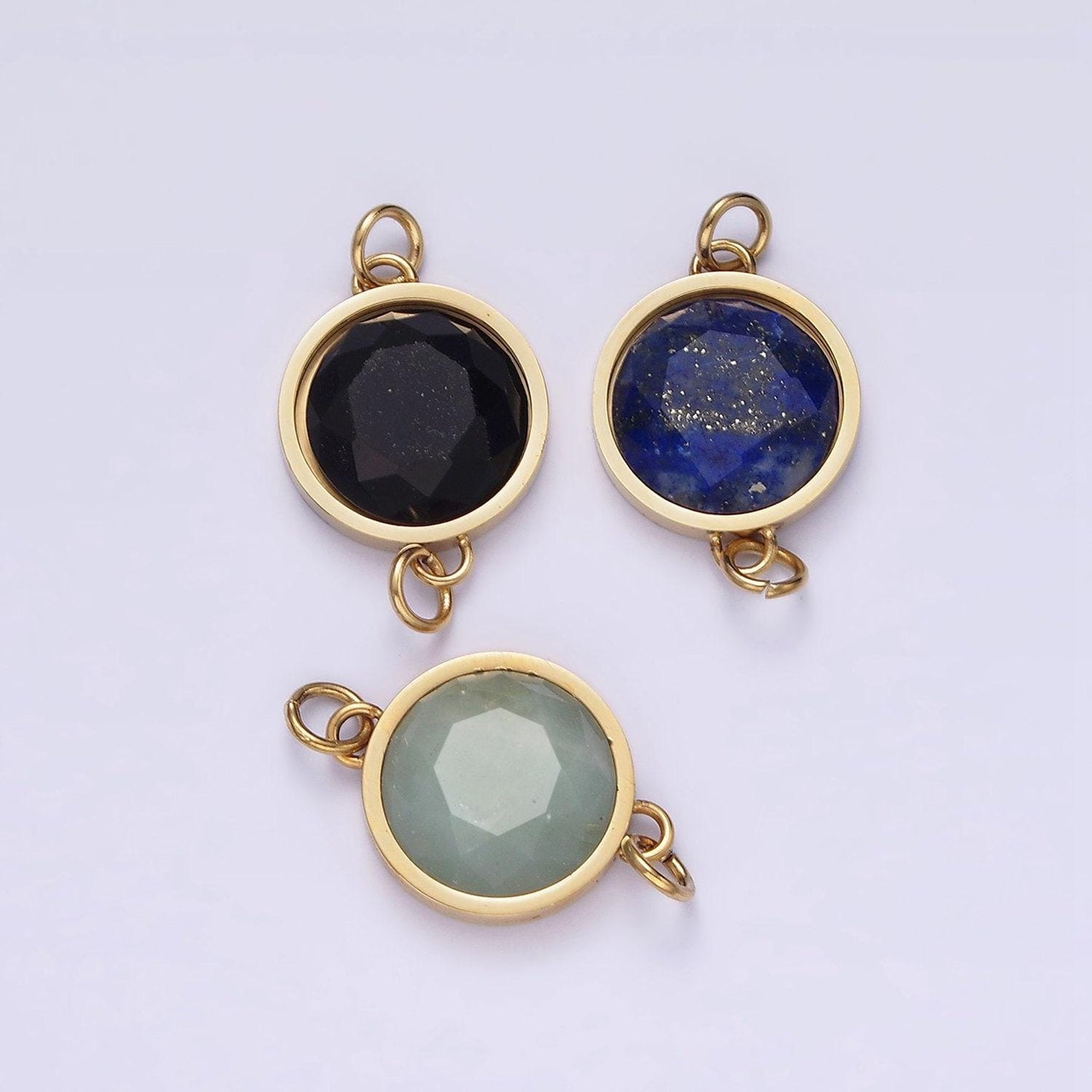 Stainless steel 12mm black onyx, blue lapiz gemstone round charm connector for bracelet link connector | g713