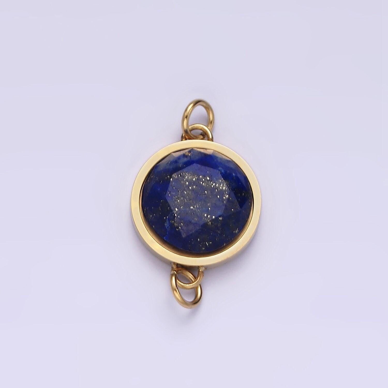 Stainless steel 12mm black onyx, blue lapiz gemstone round charm connector for bracelet link connector | g713