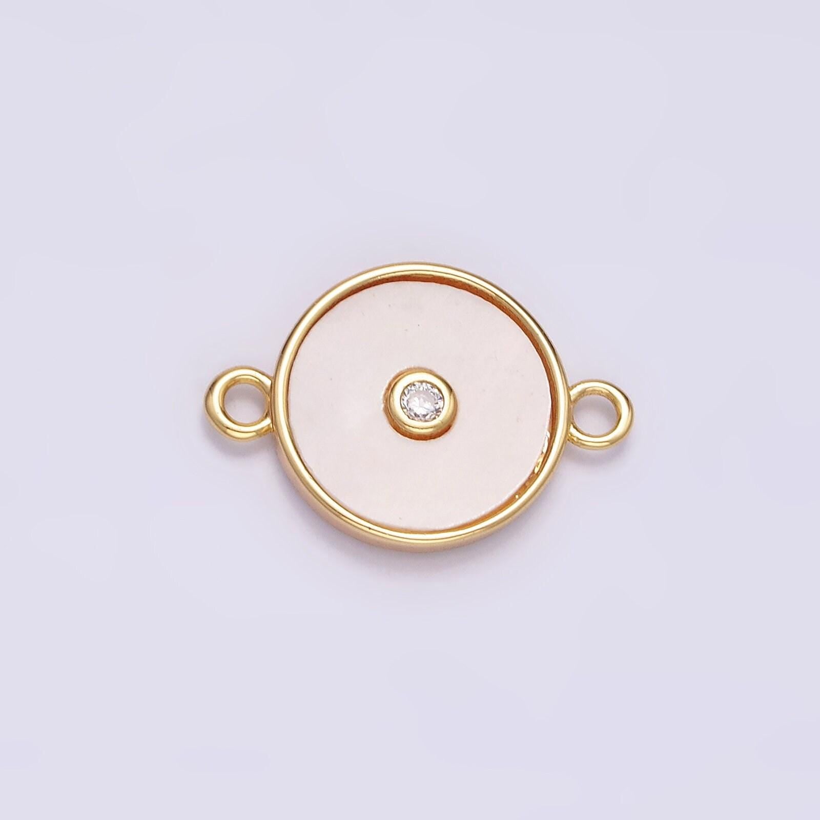 16k gold filled 11.5mm shell pearl clear cz round charm connector for minimalist bracelet link connector | g707