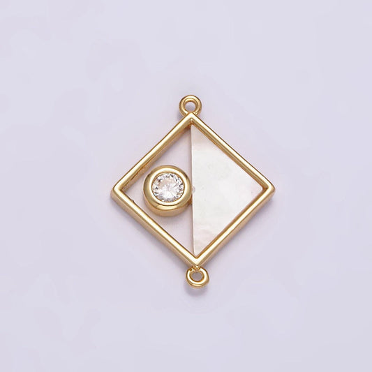 Rhombus bezel pearl connector pendant mini cz charm connector bracelet necklace in 16k gold filled findings g-700