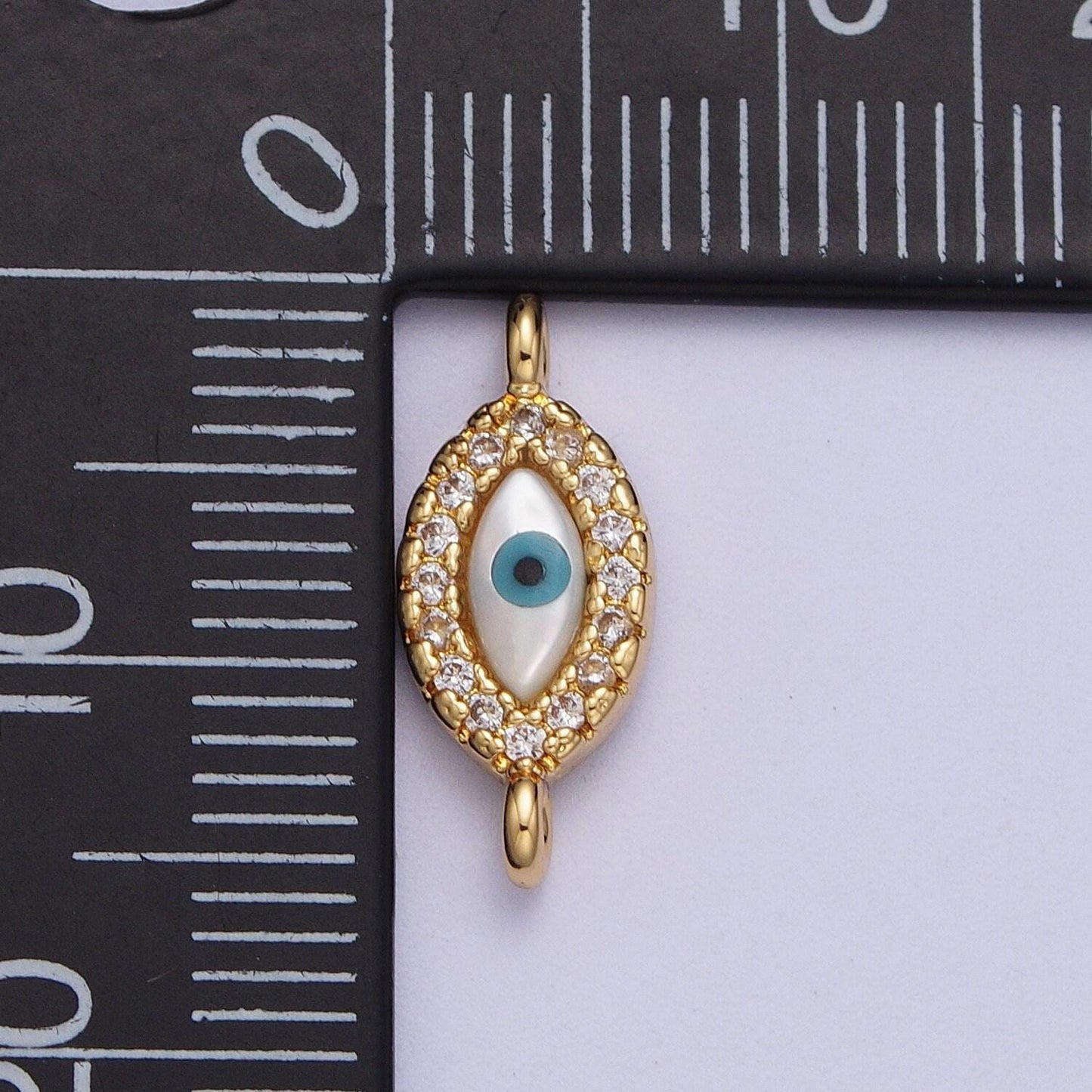 Gold evil eye charm connector, 24k gold filled clear micro paved cz blue and white enamel eye of ra link connector | g-585