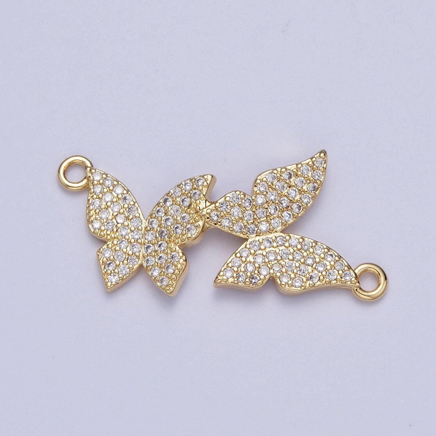 Gold cz double butterflies charm connector, 14k gold plated clear micro paved cz rotated mariposa butterfly link connector | g-565