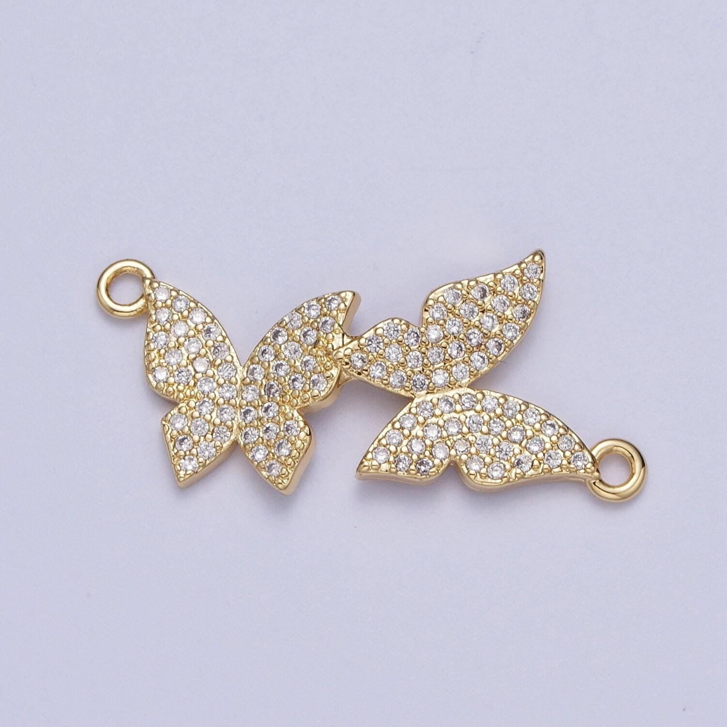 Gold cz double butterflies charm connector, 14k gold plated clear micro paved cz rotated mariposa butterfly link connector | g-565