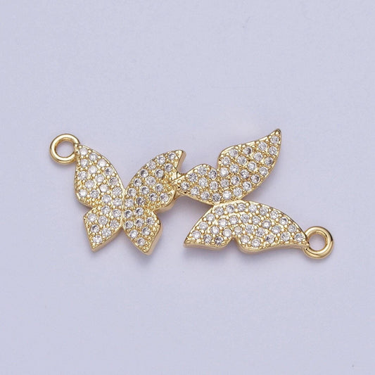 Gold cz double butterflies charm connector, 14k gold plated clear micro paved cz rotated mariposa butterfly link connector | g-565