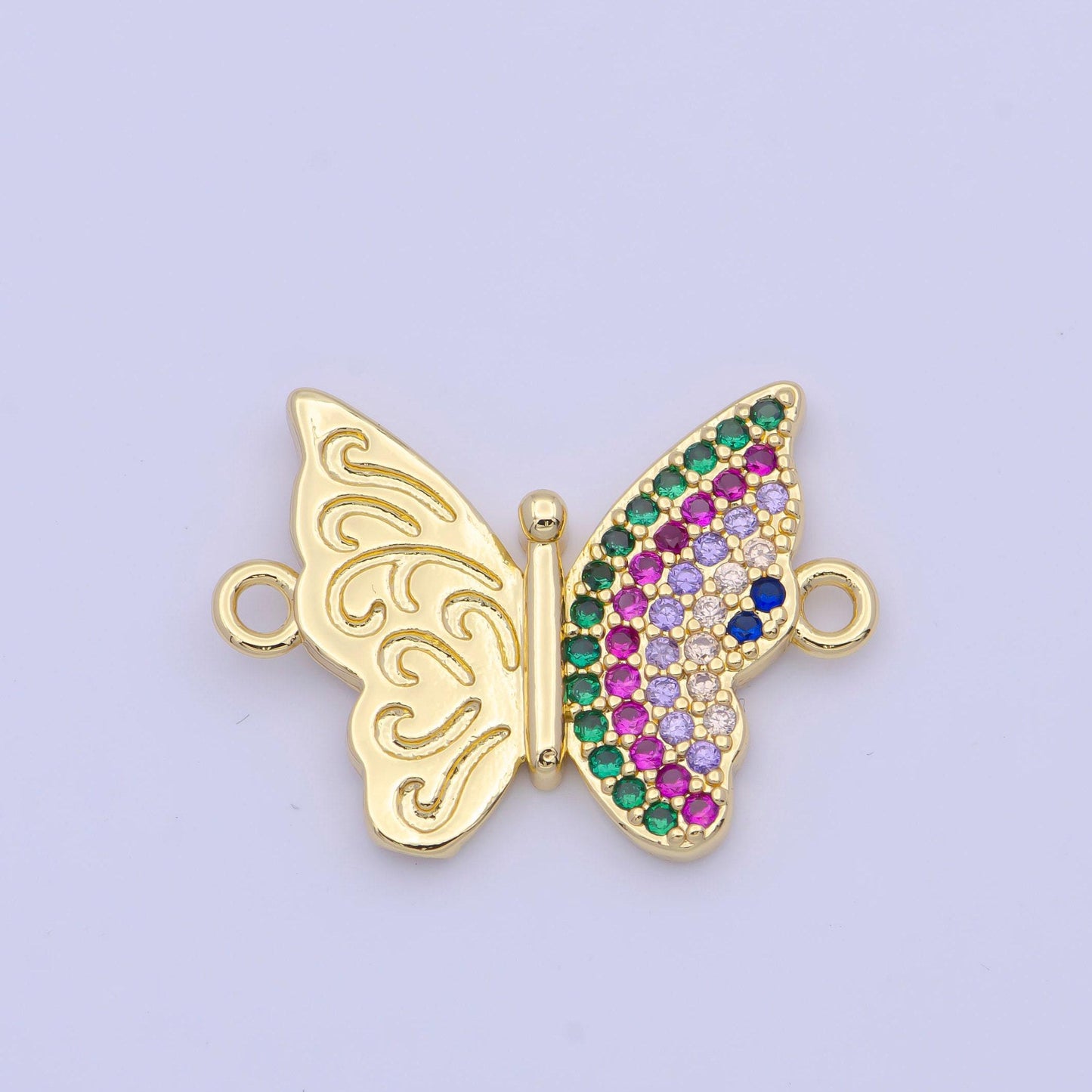 24k gold filled dainty butterfly with clear & multicolored cubic zirconia stone mariposa link connector | f-059, g-557