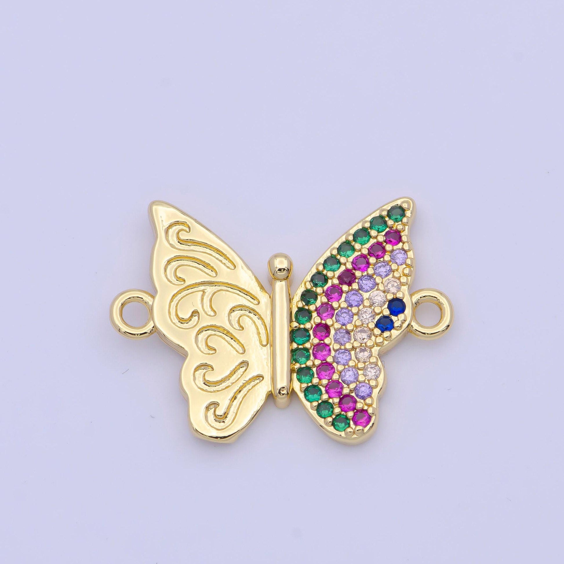 24k gold filled dainty butterfly with clear & multicolored cubic zirconia stone mariposa link connector | f-059, g-557