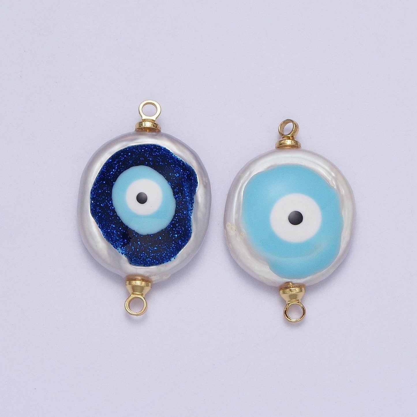 Blue evil eye natural freshwater pearl gold bezel connector, evil eye baroque-shaped gold filled double bail link connector | g-542, g-543