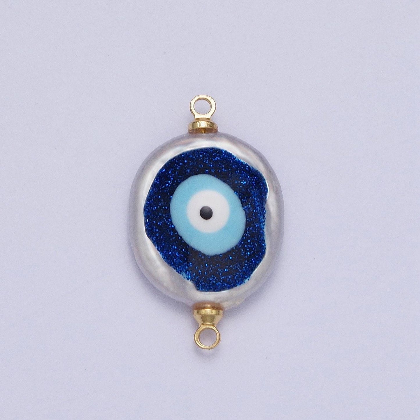 Blue evil eye natural freshwater pearl gold bezel connector, evil eye baroque-shaped gold filled double bail link connector | g-542, g-543