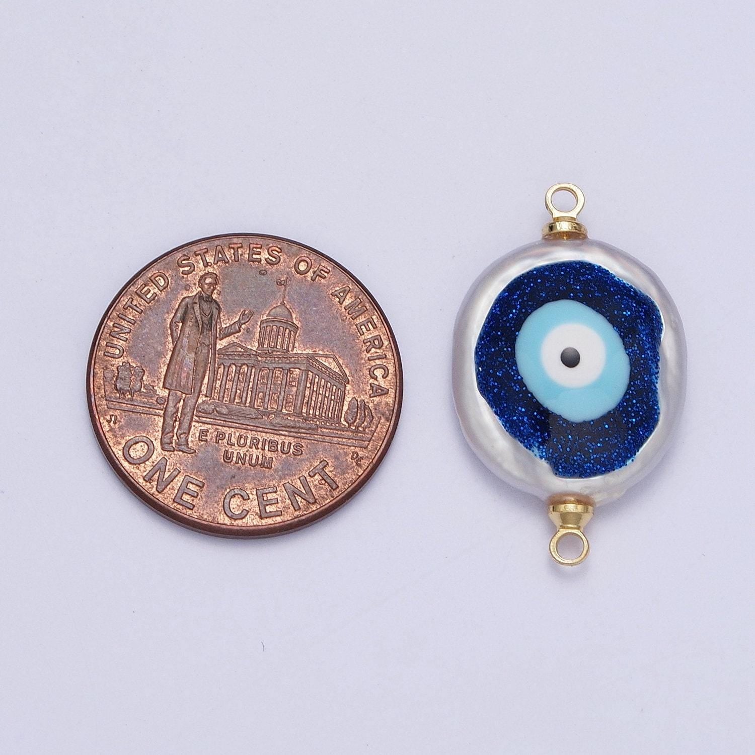 Blue evil eye natural freshwater pearl gold bezel connector, evil eye baroque-shaped gold filled double bail link connector | g-542, g-543