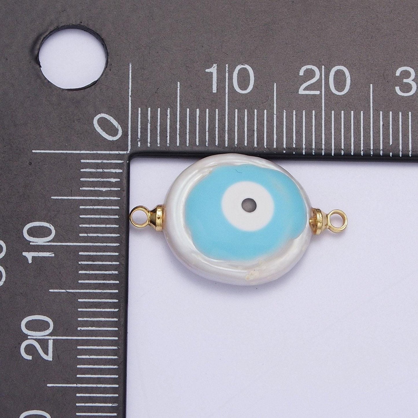 Blue evil eye natural freshwater pearl gold bezel connector, evil eye baroque-shaped gold filled double bail link connector | g-542, g-543