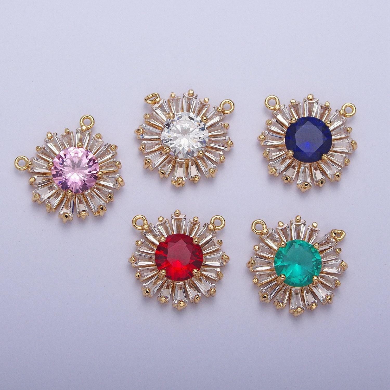 24k gold plated micro pave cubic zirconia cz crystals round sunburst baguette stones bracelet link connector | g-534~g-538