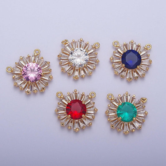24k gold plated micro pave cubic zirconia cz crystals round sunburst baguette stones bracelet link connector | g-534~g-538
