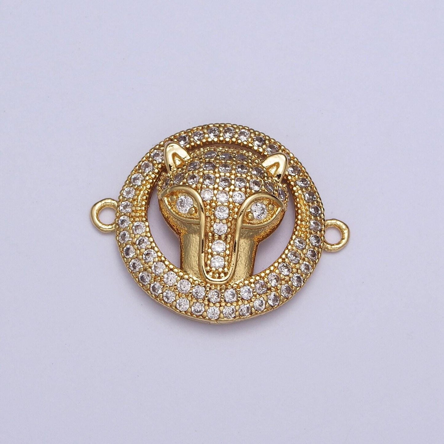 Gold animal head round link connector, 24k gold plated circular fox cheetah leopard head charm connector w clear micro pave cz stone | g-532