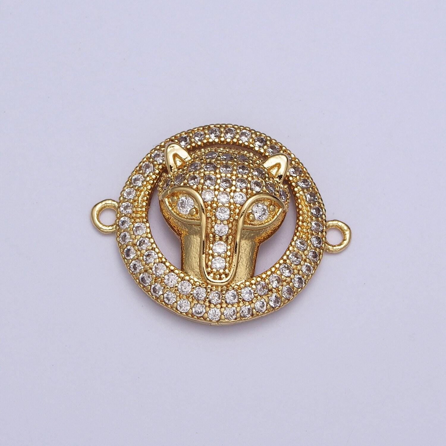 Gold animal head round link connector, 24k gold plated circular fox cheetah leopard head charm connector w clear micro pave cz stone | g-532