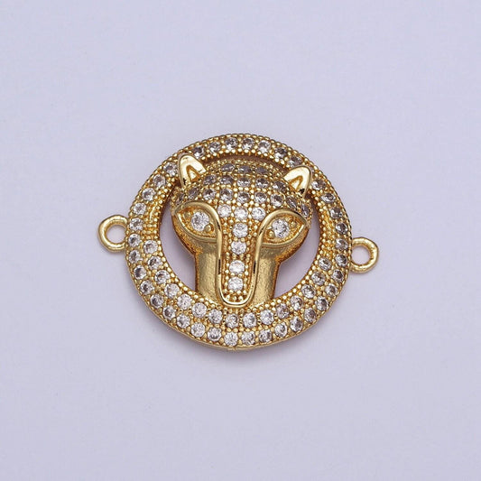 Gold animal head round link connector, 24k gold plated circular fox cheetah leopard head charm connector w clear micro pave cz stone | g-532