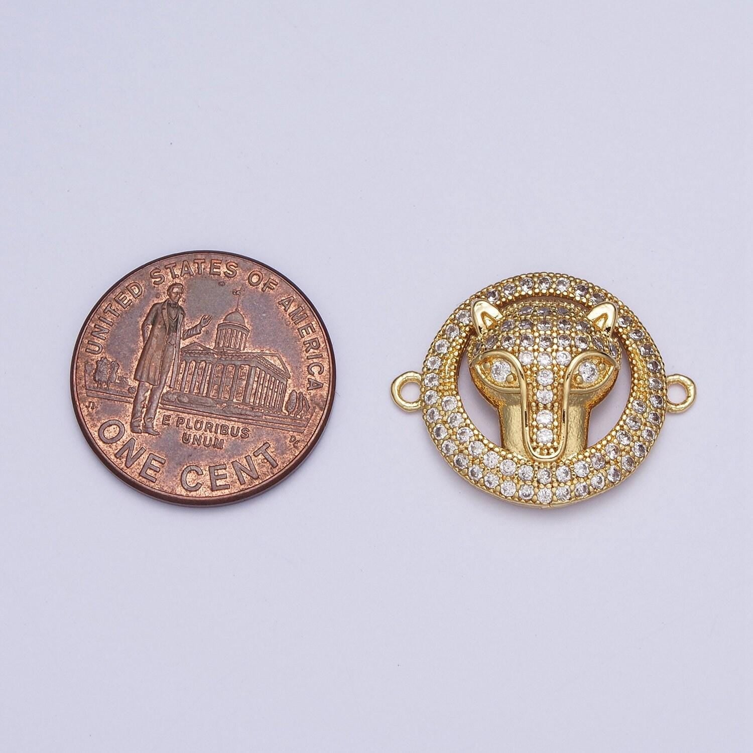 Gold animal head round link connector, 24k gold plated circular fox cheetah leopard head charm connector w clear micro pave cz stone | g-532