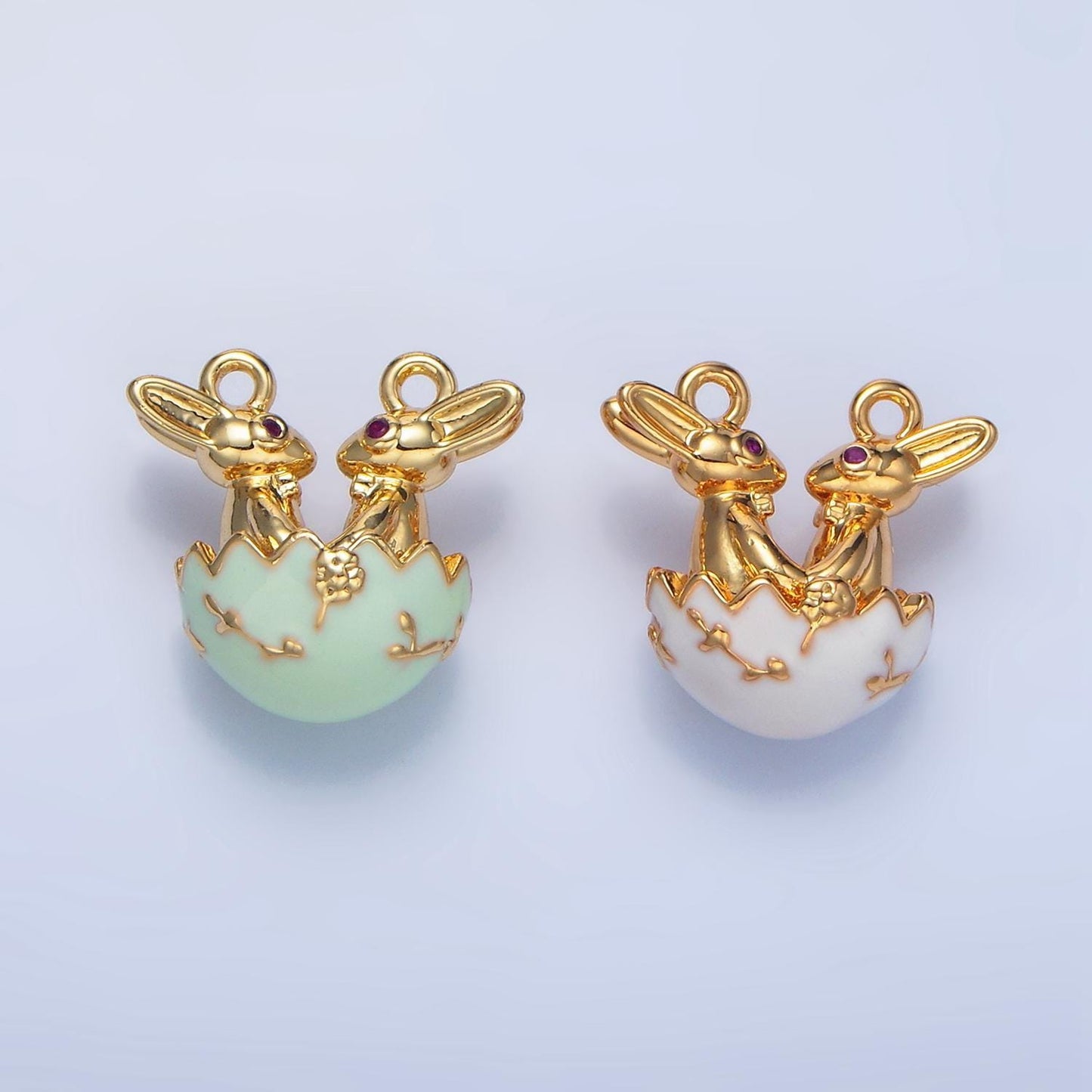 Green and white enamel easter egg easter bunnies 24k gold filled charm connector | g-499