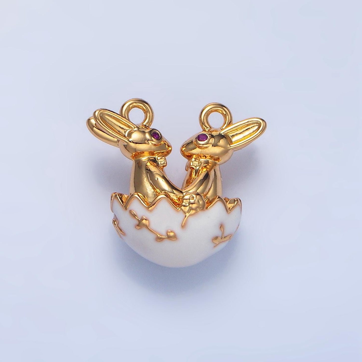 Green and white enamel easter egg easter bunnies 24k gold filled charm connector | g-499