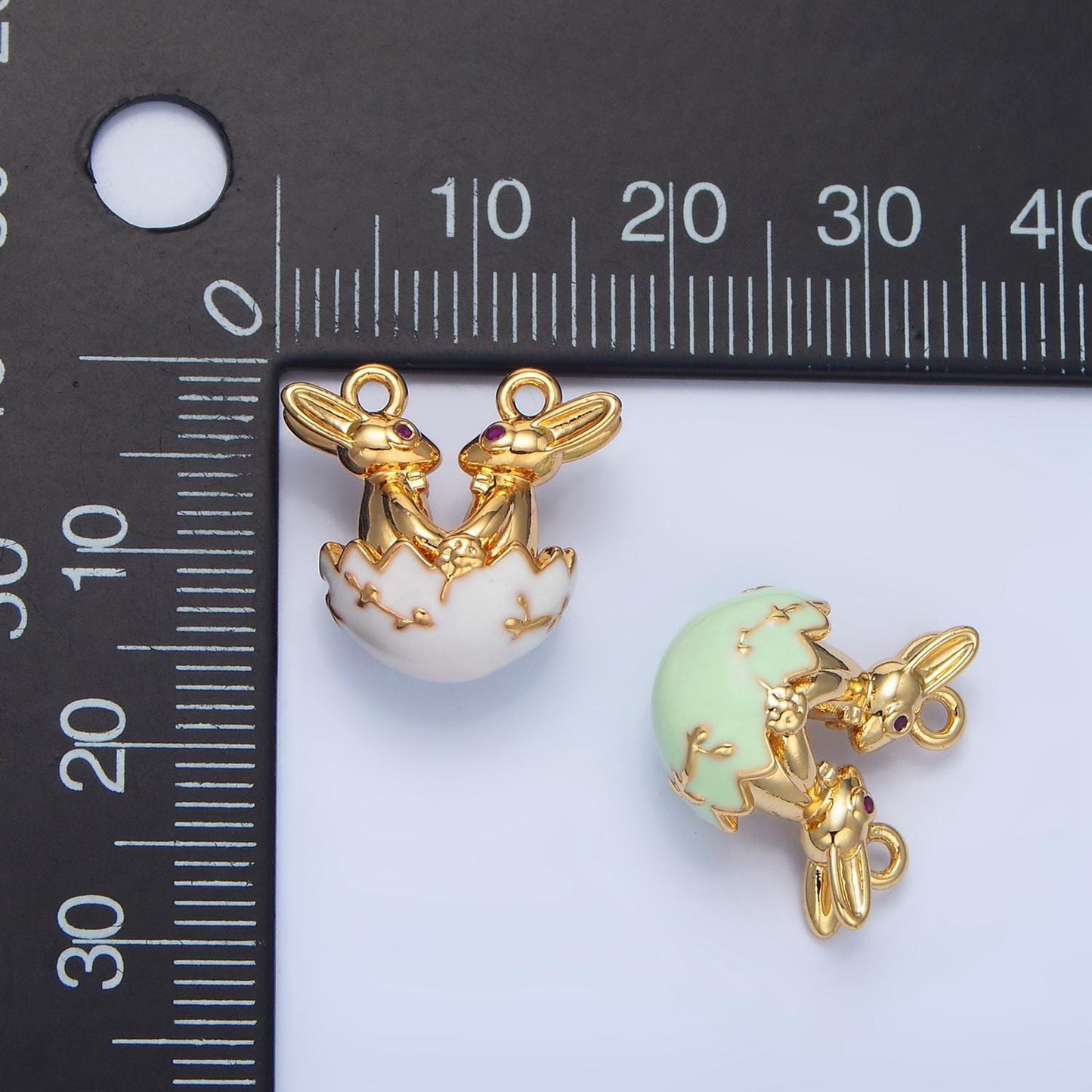 Green and white enamel easter egg easter bunnies 24k gold filled charm connector | g-499
