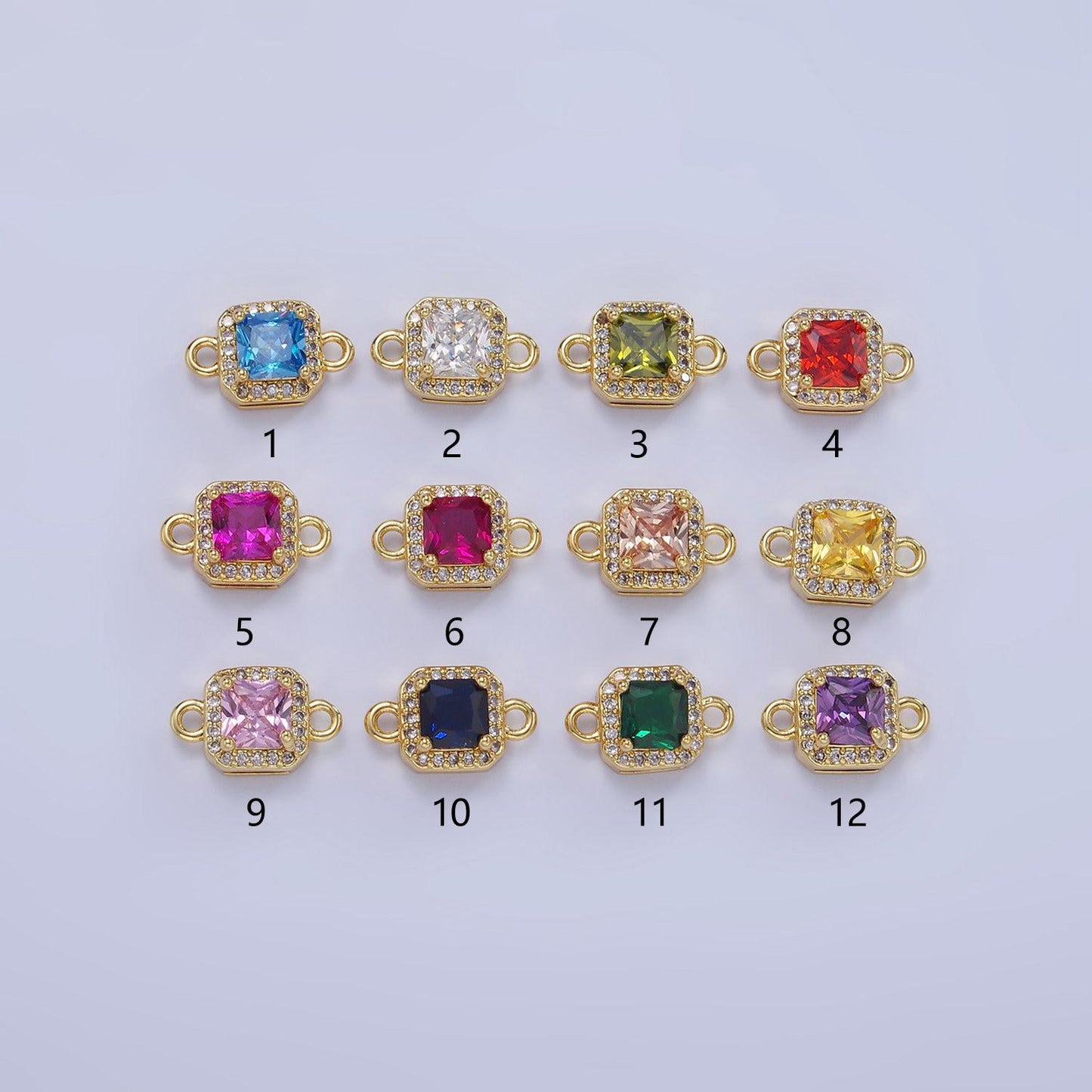 Birthstone connector, paved square cz in gold | g488--495