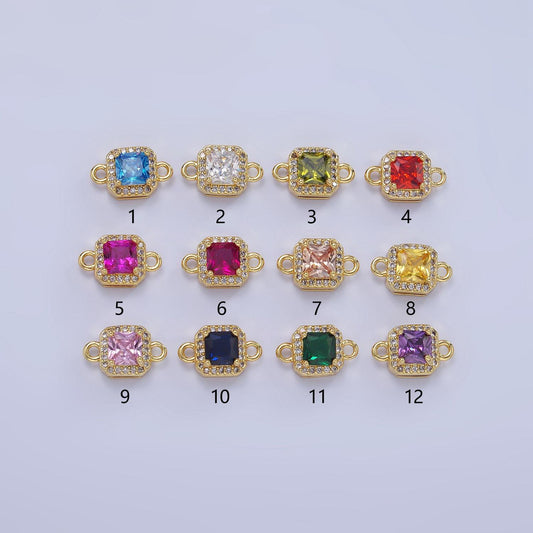 Birthstone connector, paved square cz in gold | g488--495