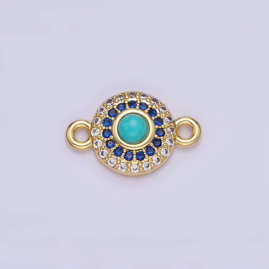 14k gold filled turquoise gemstone micro paved cz round connector | g-356