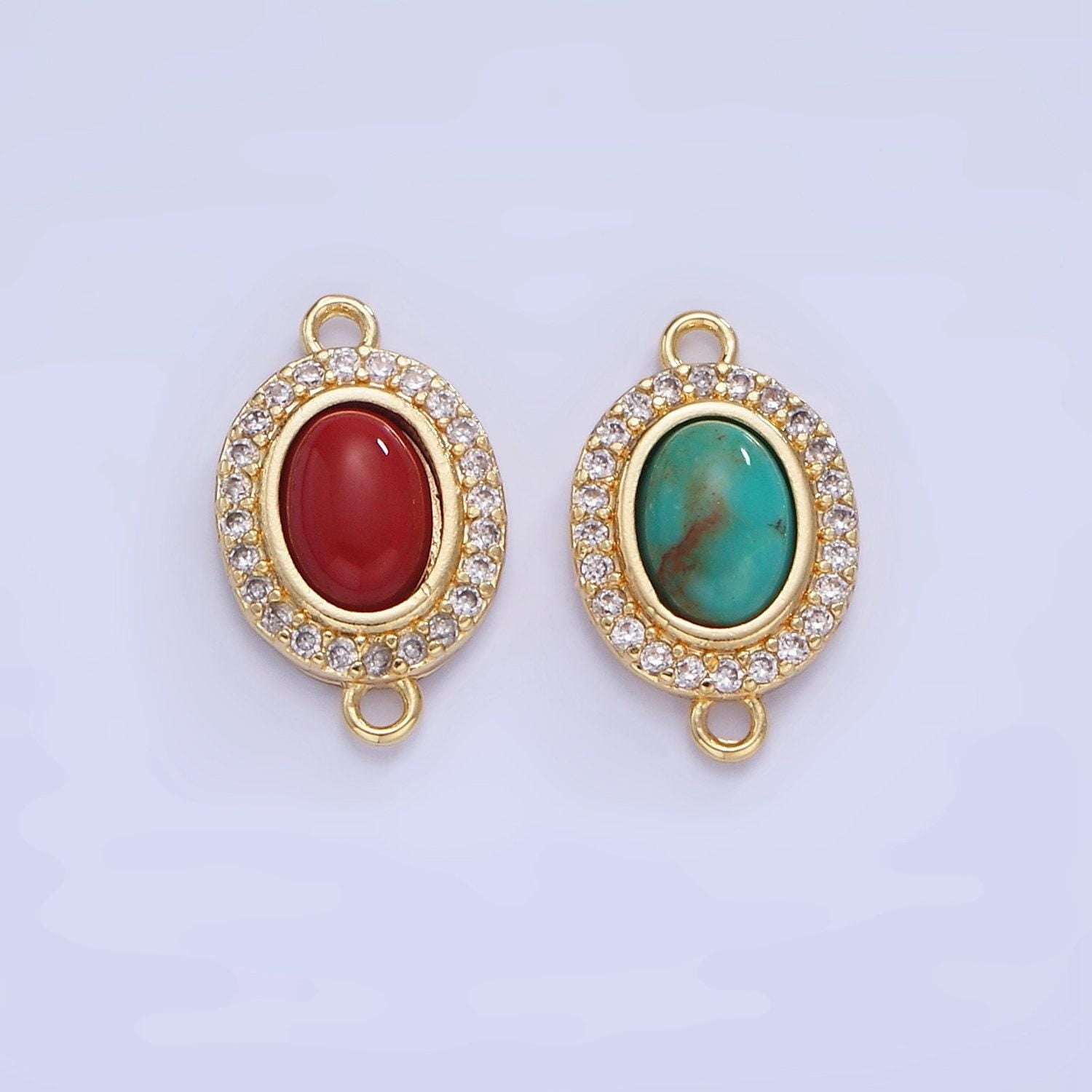 14k gold filled red carnelian oval bezel cut charm connector turquoise bead stone link connetor with cz edges for bracelet component | g353