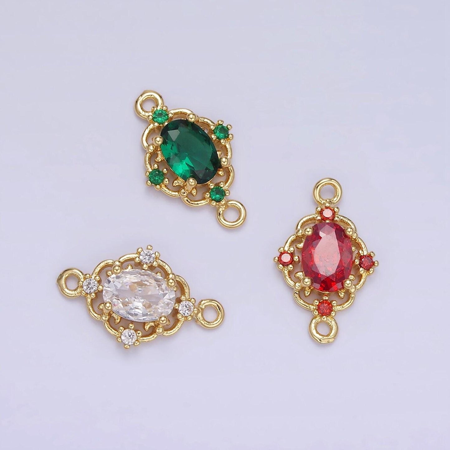 14k gold filled clear, green, red cz artisan connector | g350 - g351