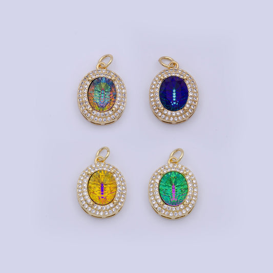 Gold cz neon thermal galaxy stone oval pendant, 24k gold plated clear cz edges neon thermal colored stones oval charm | g-297~g-300