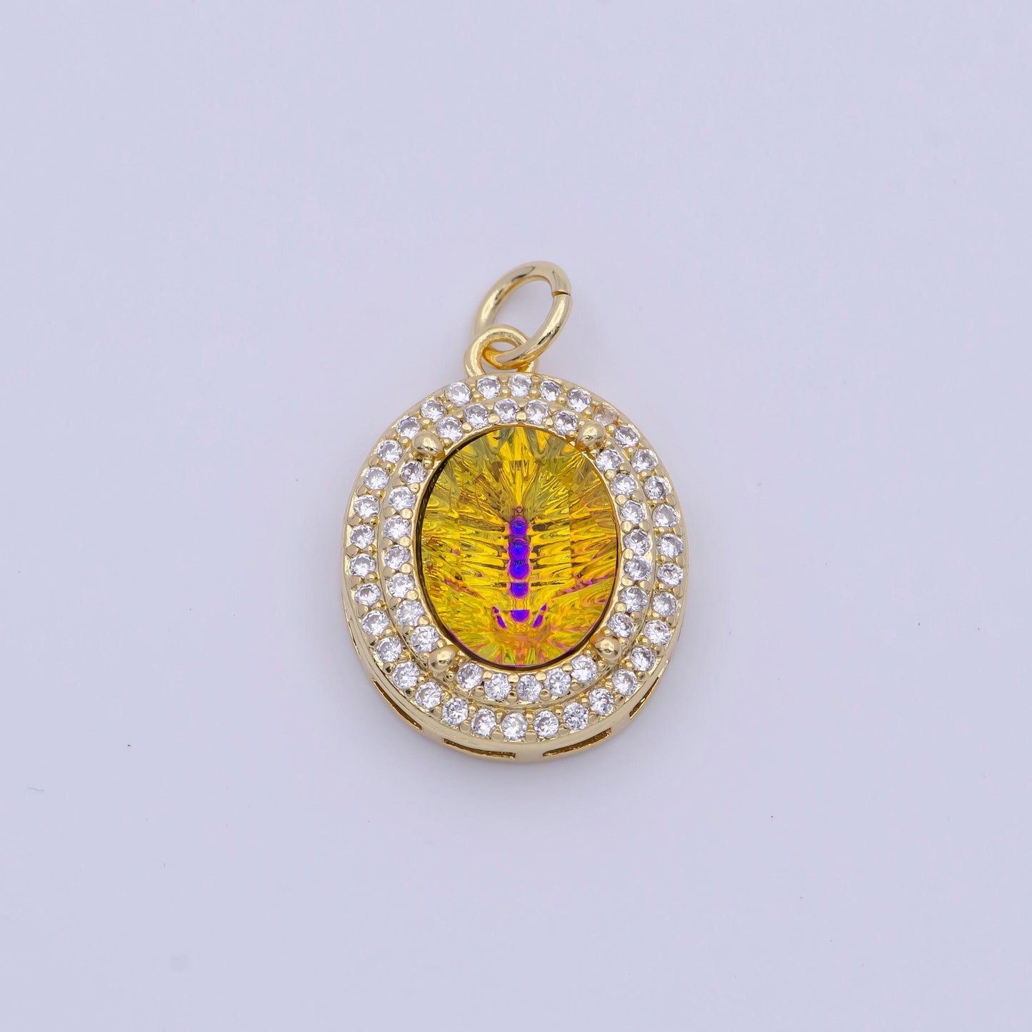 Gold cz neon thermal galaxy stone oval pendant, 24k gold plated clear cz edges neon thermal colored stones oval charm | g-297~g-300