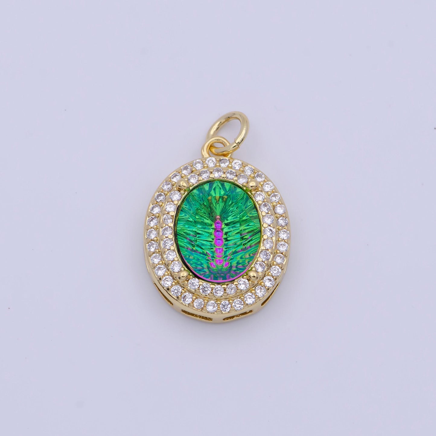 Gold cz neon thermal galaxy stone oval pendant, 24k gold plated clear cz edges neon thermal colored stones oval charm | g-297~g-300