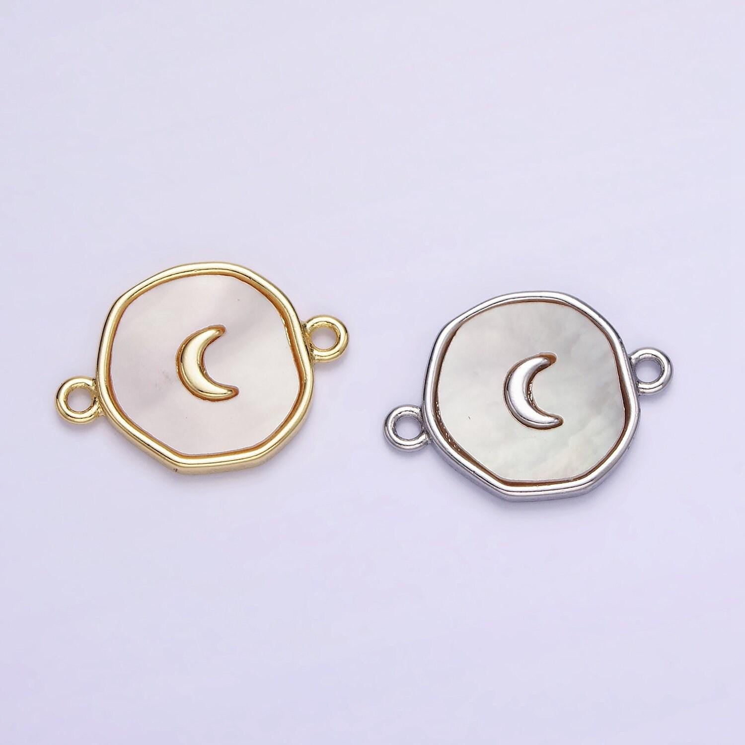 14k gold filled round coin crescent moon charm connector shell pearl link connector | g-285