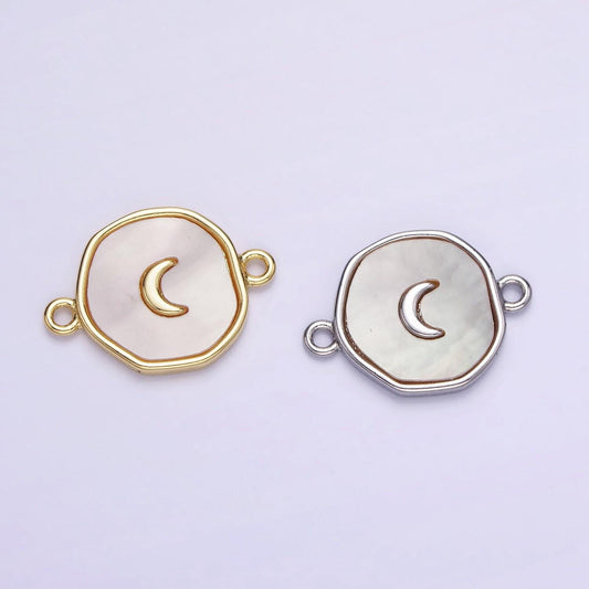 14k gold filled round coin crescent moon charm connector shell pearl link connector | g-285