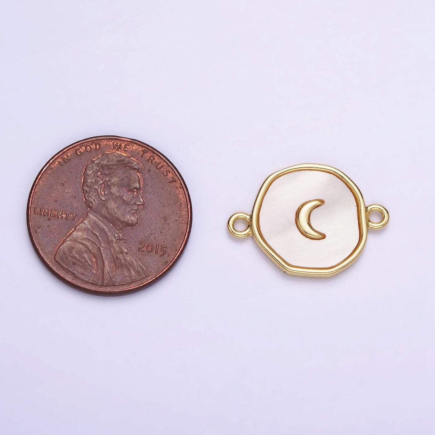 14k gold filled round coin crescent moon charm connector shell pearl link connector | g-285