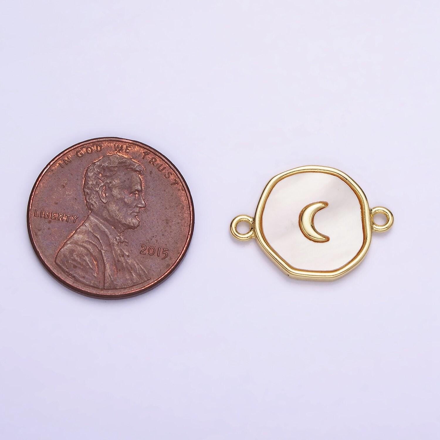 14k gold filled round coin crescent moon charm connector shell pearl link connector | g-285