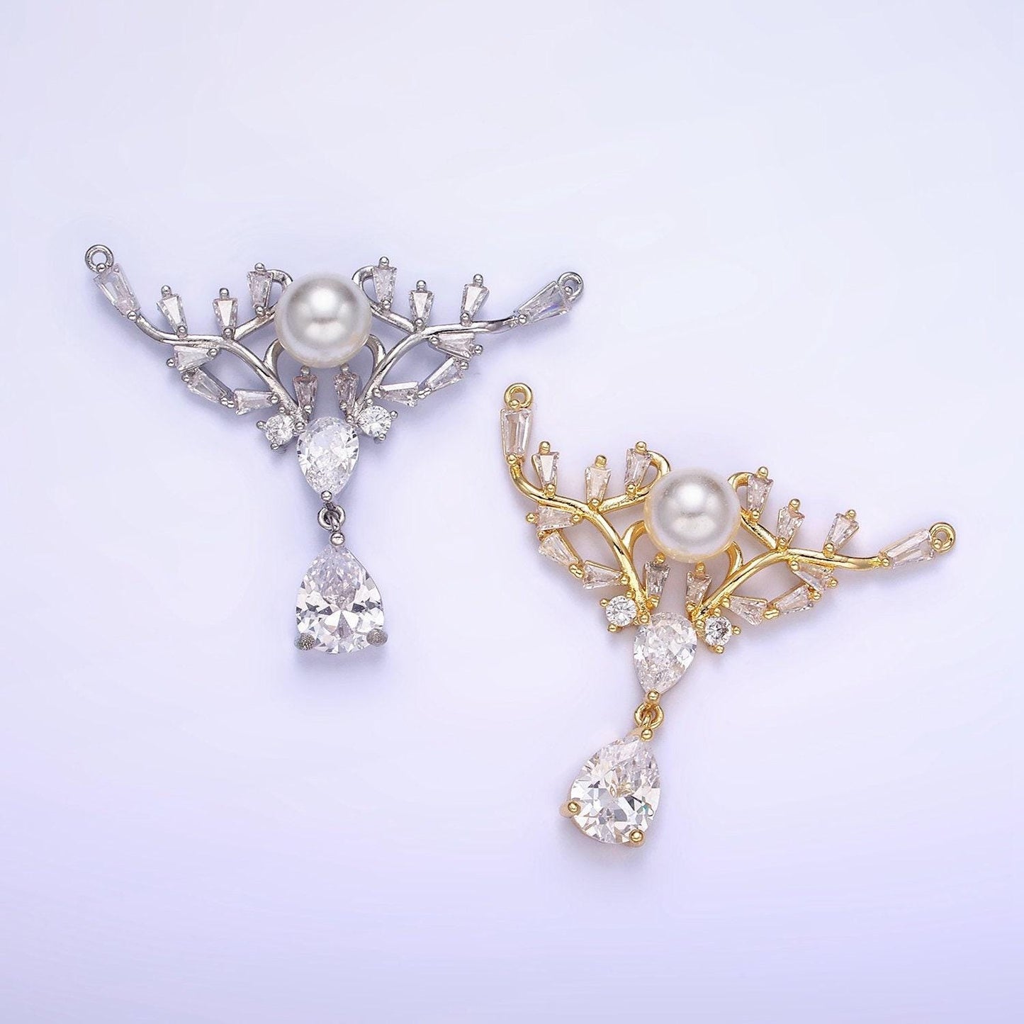 14k gold filled artisan curved pearl baguette teardrop drop connector in gold & silver | g-283