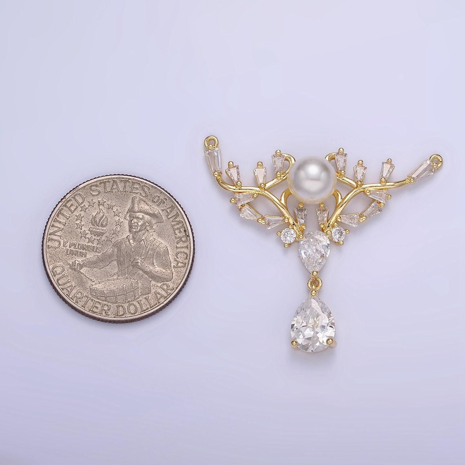 14k gold filled artisan curved pearl baguette teardrop drop connector in gold & silver | g-283