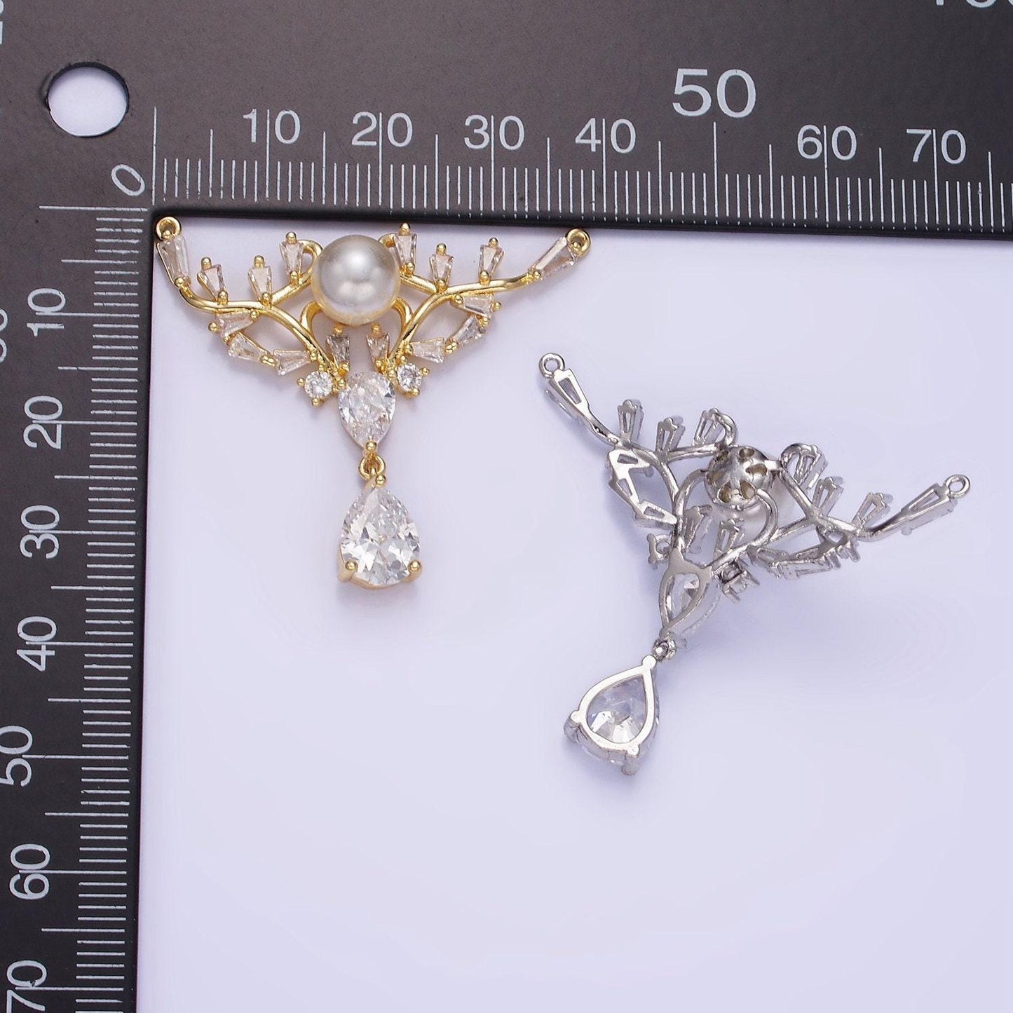 14k gold filled artisan curved pearl baguette teardrop drop connector in gold & silver | g-283