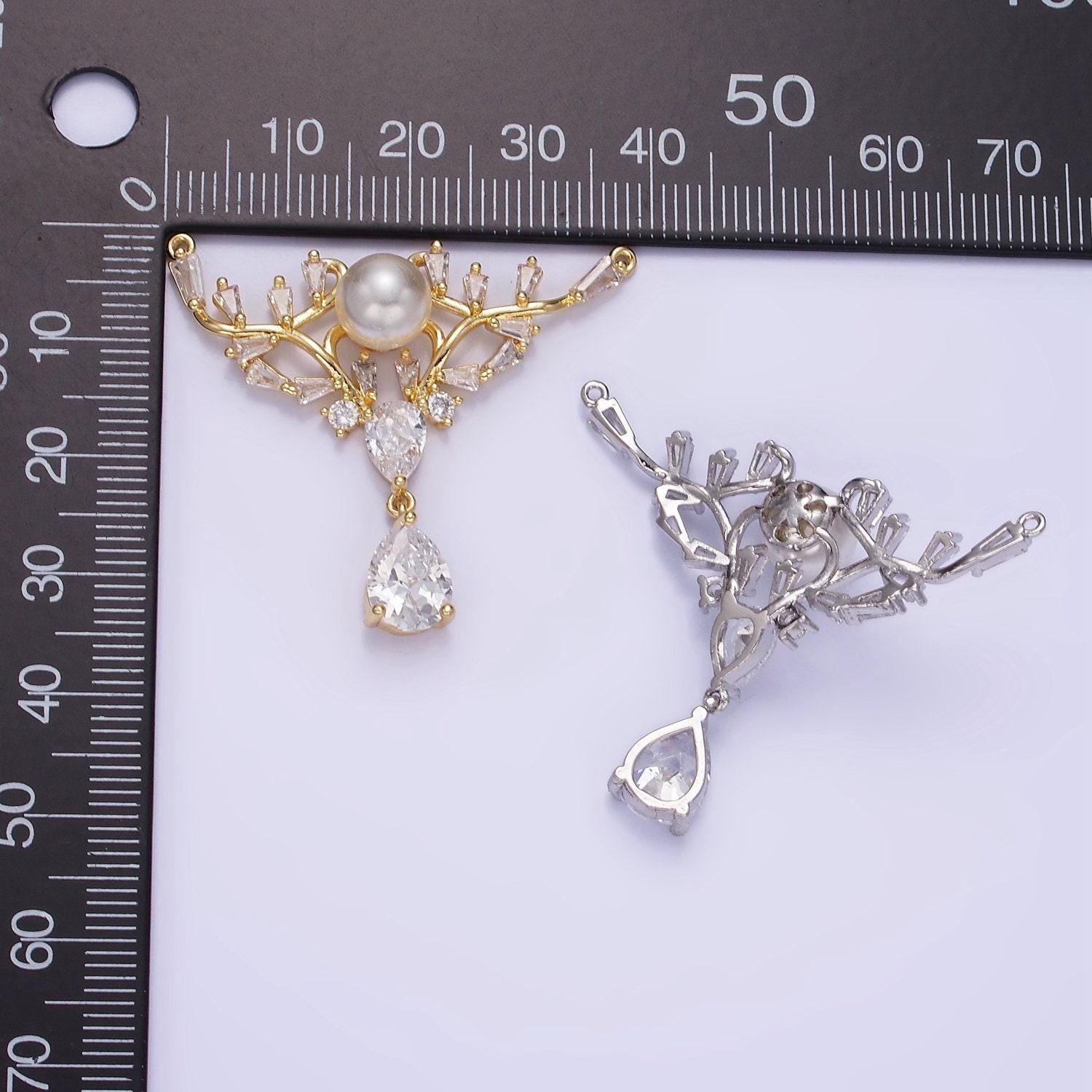 14k gold filled artisan curved pearl baguette teardrop drop connector in gold & silver | g-283
