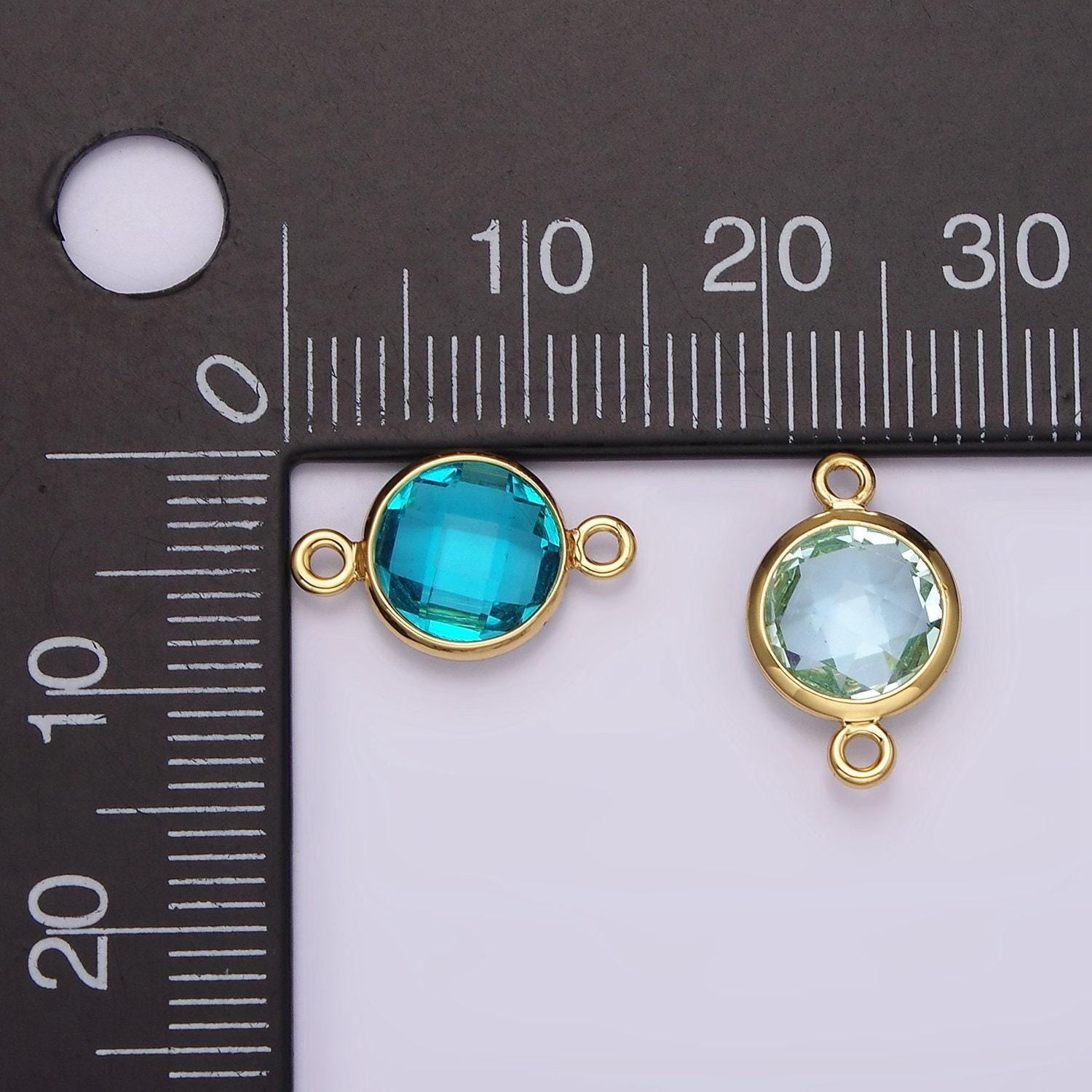 14k gold filled baby blue, cyan blue multifaceted birthstone cz bezel connector in gold & silver | g265 - g266
