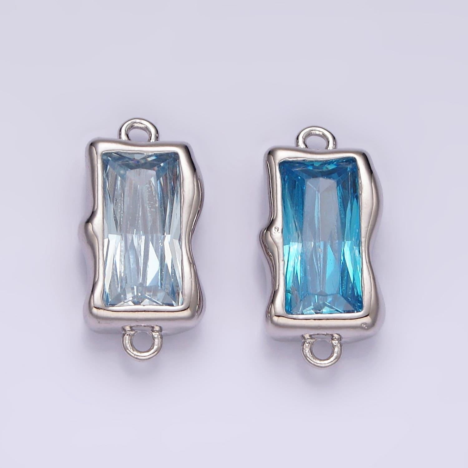 Blue aquamarine cz rectangle charm connector silver link connector blue aqua march birthstone for jewelry making supply g526
