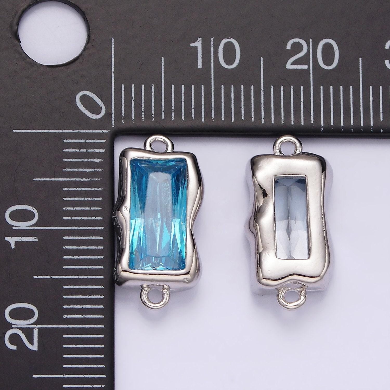 Blue aquamarine cz rectangle charm connector silver link connector blue aqua march birthstone for jewelry making supply g526