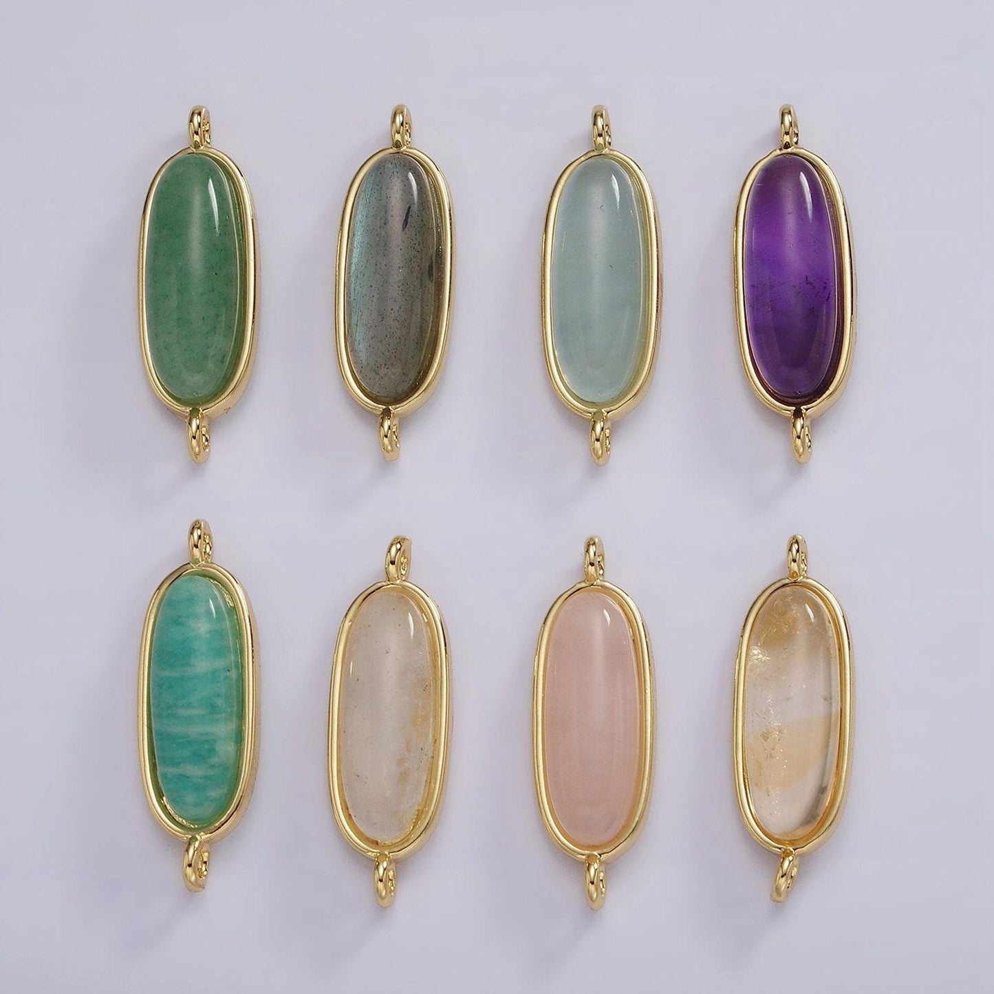 14k gold filled rose quartz, amazonite, labradorite, amethyst, topaz long oval bezel cut link charm connector for bracelet necklace | g229