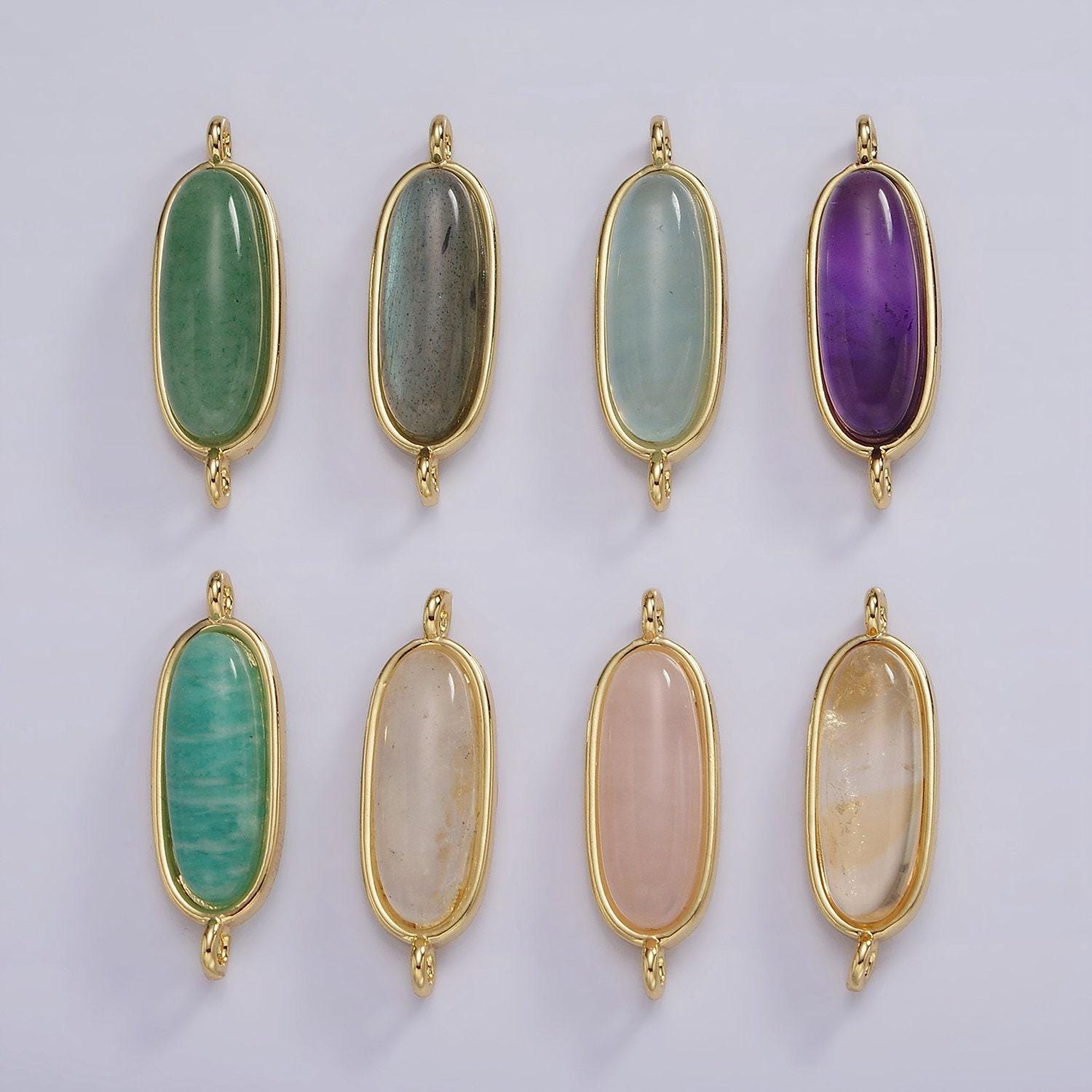 14k gold filled rose quartz, amazonite, labradorite, amethyst, topaz long oval bezel cut link charm connector for bracelet necklace | g229